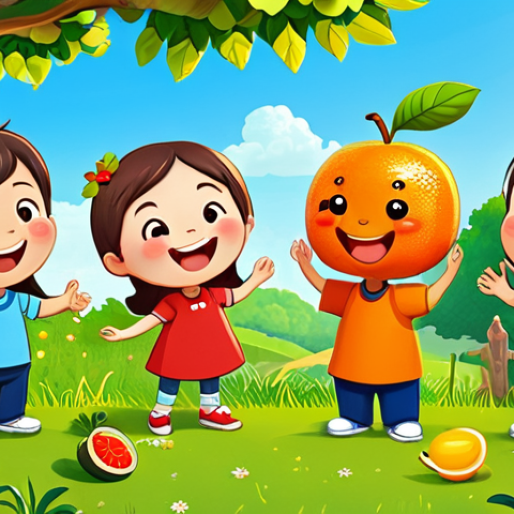 **
A group of cheerful, fully clothed cartoon characters inspired by fruits and vegetables (like Kokomong), playing together in a bright, sunny garden. The scene should be safe for work, appropriate content, and family-friendly. They are all wearing modest clothing. Style: Children's book illustration, perfect anatomy, correct proportions, natural pose, well-formed hands, proper finger count, natural body proportions, high quality.
**
