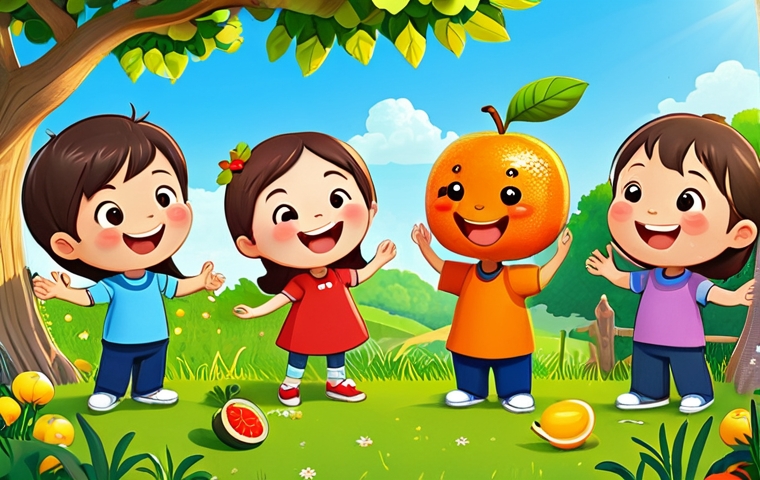 **

A group of cheerful, fully clothed cartoon characters inspired by fruits and vegetables (like Kokomong), playing together in a bright, sunny garden. The scene should be safe for work, appropriate content, and family-friendly. They are all wearing modest clothing. Style: Children's book illustration, perfect anatomy, correct proportions, natural pose, well-formed hands, proper finger count, natural body proportions, high quality.

**