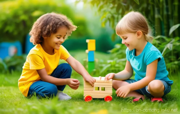 코코몽과 친환경 소재 활용 - **Prompt:** A group of diverse, happy children, aged 5-10, are playing in a brightly lit, sun-drench...