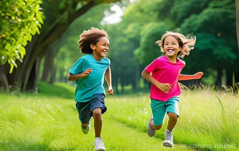 코코몽의 신체 활동 유도 에피소드 - **Prompt:** A vibrant, sun-drenched scene of diverse children, aged 6-9 years old, joyfully engaged ...