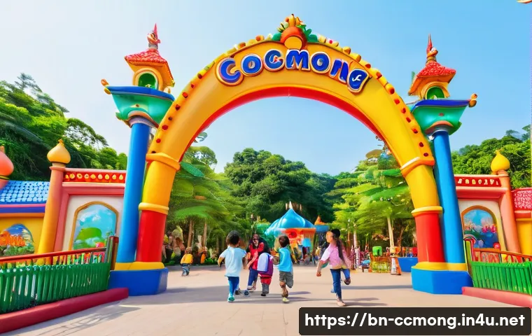 코코몽 테마파크 리뷰 - **Vibrant Cocomong Theme Park Entrance with Joyful Family Arrival**
    A wide shot of the grand, co...