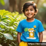 Home 21 코코몽과 키즈 패션 협업 - A vibrant and playful scene featuring a young Bengali child wearing a bright blue cotton T-shirt ado...