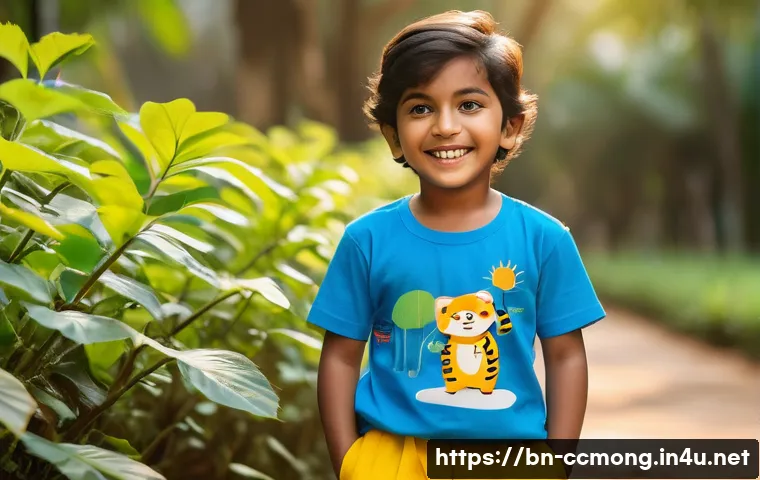 코코몽과 키즈 패션 협업 - A vibrant and playful scene featuring a young Bengali child wearing a bright blue cotton T-shirt ado...