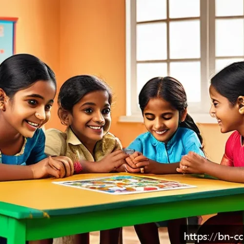 Home 32 코코몽 제작사 인터뷰 - A vibrant, colorful classroom scene featuring diverse Bengali children aged 5 to 8, wearing bright c...