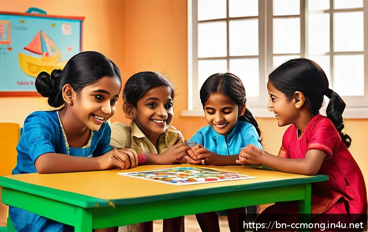 코코몽 제작사 인터뷰 - A vibrant, colorful classroom scene featuring diverse Bengali children aged 5 to 8, wearing bright c...