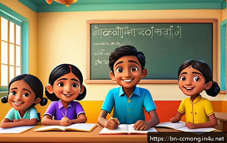 코코몽 제작사  올리브 스튜디오 - A vibrant 3D animated scene featuring a group of Bengali children joyfully interacting with colorful...