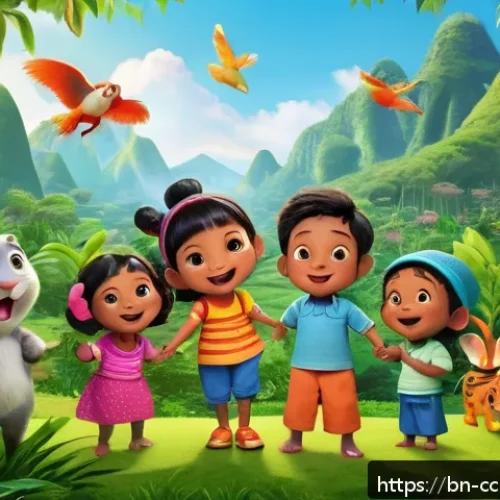 Home 30 코코몽과 애니메이션 시장 분석 - A vibrant, colorful scene featuring the main characters of Kokomong, depicted as lively animated cre...