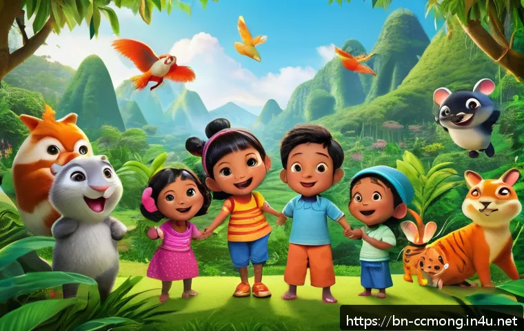 코코몽과 애니메이션 시장 분석 - A vibrant, colorful scene featuring the main characters of Kokomong, depicted as lively animated cre...