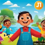 Home 23 코코몽 관련 게임 소개 - A vibrant and colorful educational game scene featuring interactive cartoon characters designed for ...