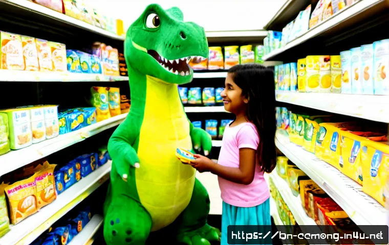 코코몽과 협업한 브랜드 - Photorealistic supermarket display in Bangladesh featuring a cheerful generic green dinosaur mascot ...
