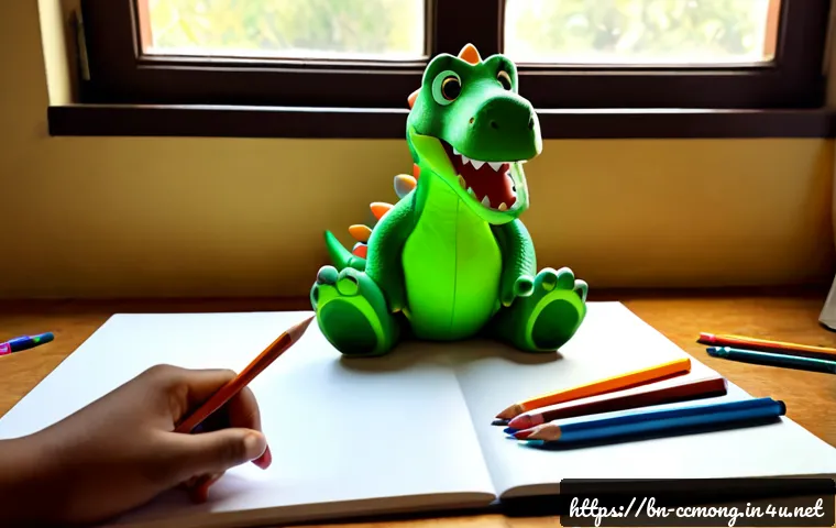 코코몽 팬 아트 소개 - Photorealistic tabletop scene of an artist creating fan art inspired by a cheerful green dinosaur-li...